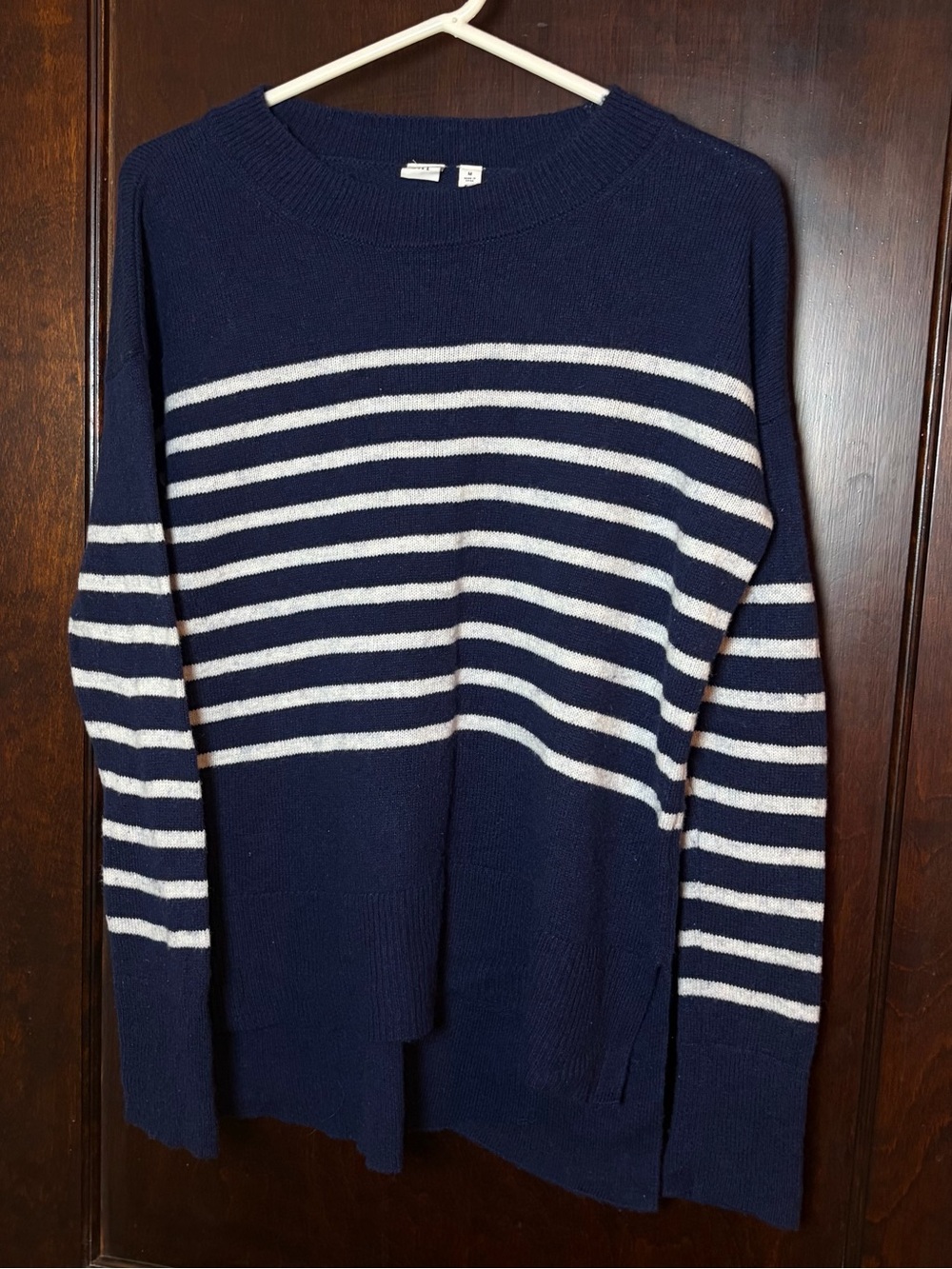 Gap Women’s Sweater Medium Navy Split-Hem Striped Crewneck Wool Blend Preppy